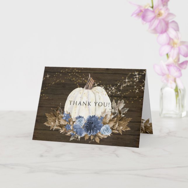 Carte Rustic Wood Navy Blue Floral Fall Citrouille Merci (Orchidée)