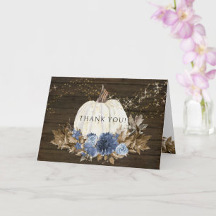 Carte Rustic Wood Navy Blue Floral Fall Citrouille Merci