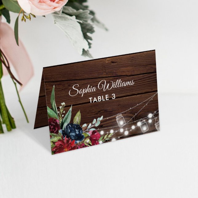 Carte Rustique Bois Bourgogne Floral Mariage (Créateur téléchargé)