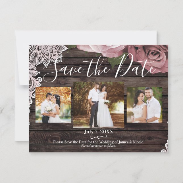 Carte Rustique Bois Dusty Roses roses roses rose Photo E (Devant)