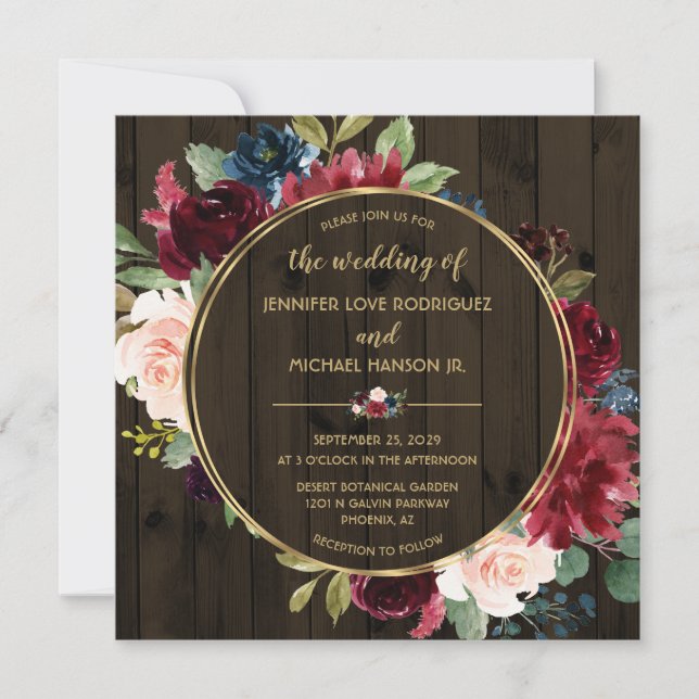 Carte Rustique Bois Marsala Marine Or Bouquet Floral (Devant)