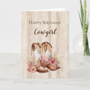 Carte Rustique Faux Bois Cowgirl Floral Boots Anniversai