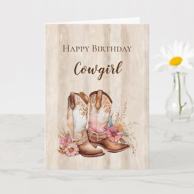 Carte Rustique Faux Bois Cowgirl Floral Boots Anniversai (Petite plante)