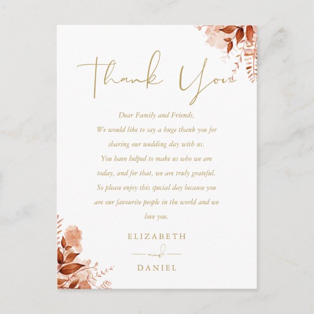 Carte Rustique Floral Merci Gold Mariage Place (Devant)