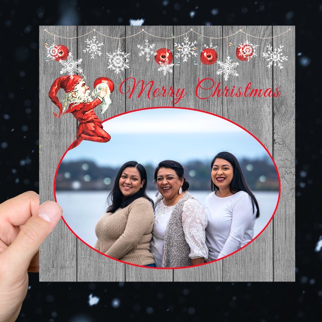 Carte Rustique gris Bois Rouge Elfe Vintage Joyeux Noël (Créateur téléchargé)