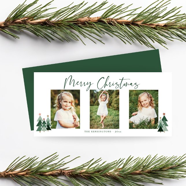 Carte Rustique moderne Arbres de Noël Holiday 3 Photo (Rustic Modern Christmas Trees Holiday 3 Photo Card)