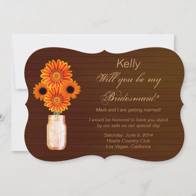 Carte Rustique Orange Mason Jar Bridesmaid (Devant)