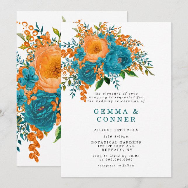 Carte Rustique Turquoise Orange Aquarelle Mariage Floral (Devant / Derrière)