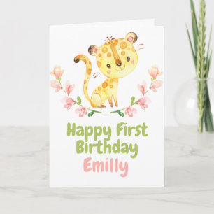 Carte Safari Baby tiger Girl Happy 1st Birthday Card