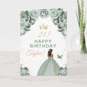 Carte Sage Floral Fille à la peau foncée Joyeux Annivers