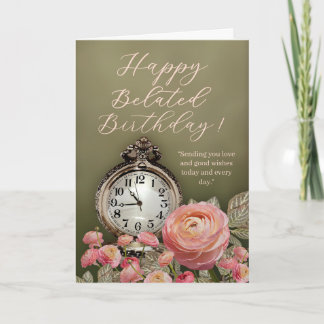 Carte Sage Green Beige Floral Belated Birthday Card