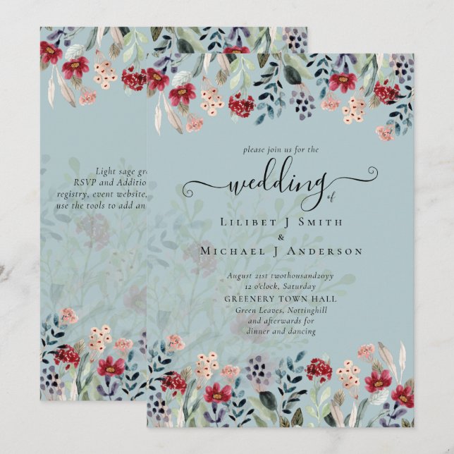 Carte Sage Green Burgundy Blue Floral Mariage (Devant / Derrière)