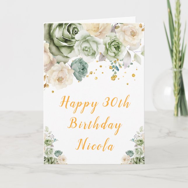 Carte Sage Green et crème Floral Joyeux anniversaire (Devant)