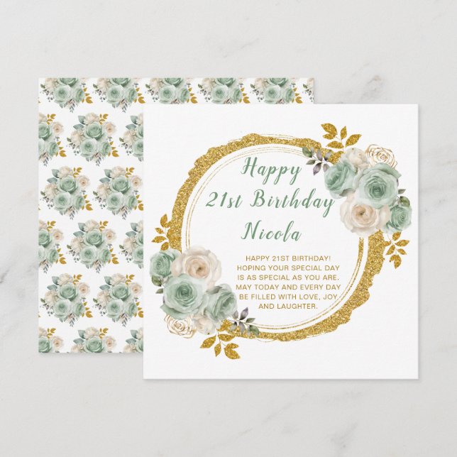 Carte Sage Green et or Fleurs élégantes Fête d'anniversa (Devant / Derrière)