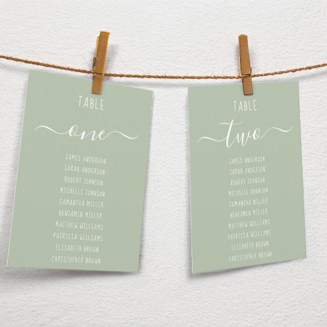 Carte Sage Green Modern White Script Seating Chart Card (Créateur téléchargé)