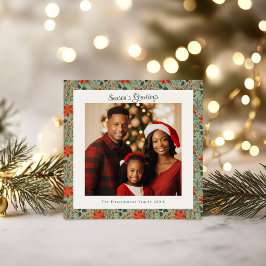 Carte Sage Green & Red Poinsettia Photo Noël