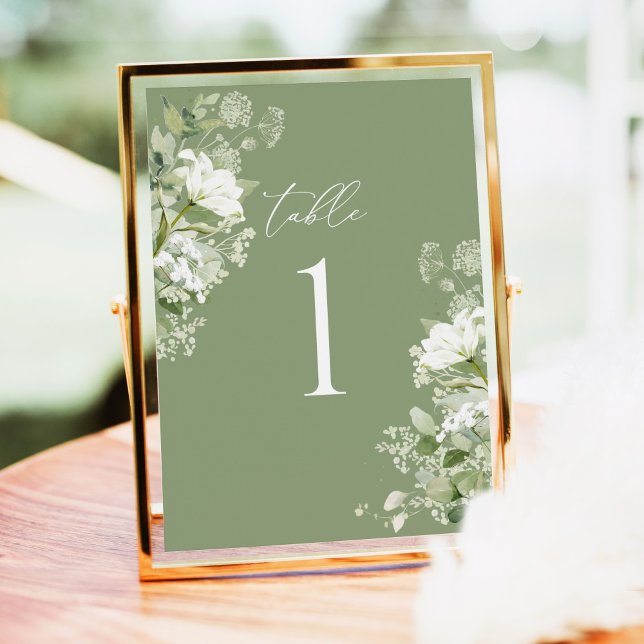 Carte Sage Green Wedding Table Numbers, Organic Greenery (Sage green organic greenery wedding table numbers in gold frame for elegant garden wedding reception)