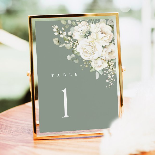 Carte Sage Green White Floral Wedding Table Number Card (Sage green white floral watercolor wedding table number card, modern classic outdoor gold frame)