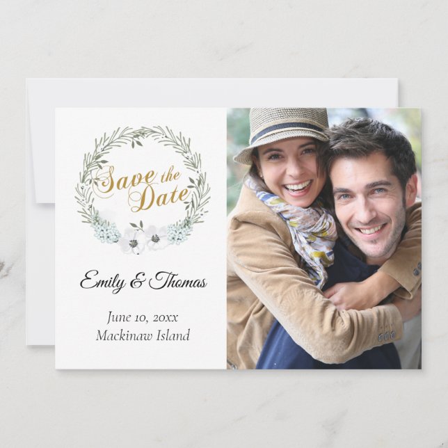 Carte Sage Green Wreath Photo Enregistrer la date (Devant)