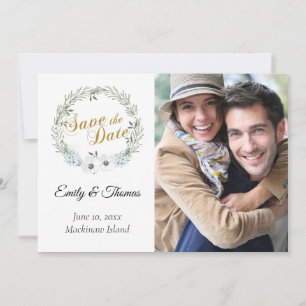 Carte Sage Green Wreath Photo Enregistrer la date