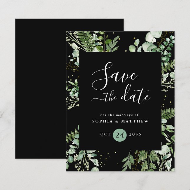 Carte Sage Léger Et Eucalyptus Noir Enregistrer La Date (Devant / Derrière)