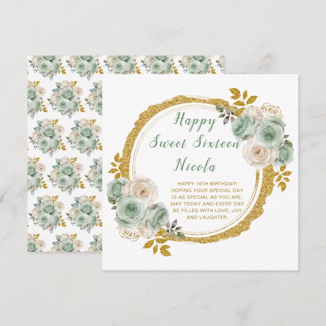 Carte Sage Vert et or Elegant Fleurs Sweet sixteen (Devant / Derrière)