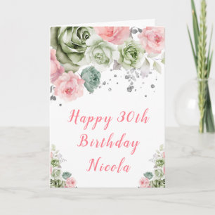 Carte Sage Vert et rose Floral Joyeux anniversaire