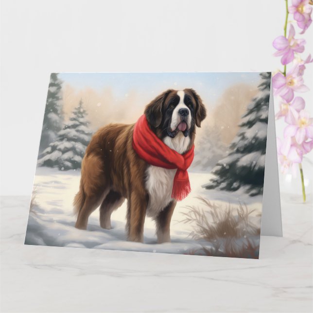 Carte Saint Bernard Chien à Noël de neige (Orchidée)