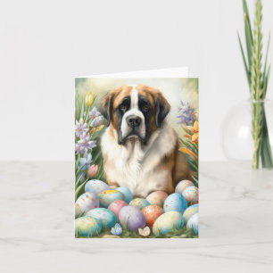 Carte Saint Bernard Chien avec Oeufs de Pâques Vacances