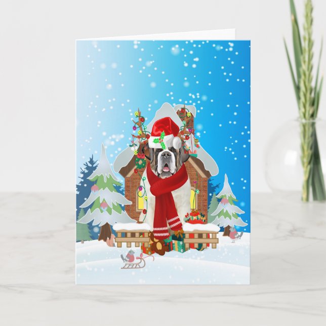 Carte Saint Bernard dans la neige avec des cadeaux de No (Devant)