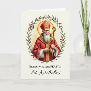 Carte Saint Nicolas Fête Bénédiction Holly Wreath