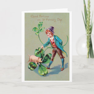 Carte Saint Patrick's Day Boy & Lucky Pig, Vintage