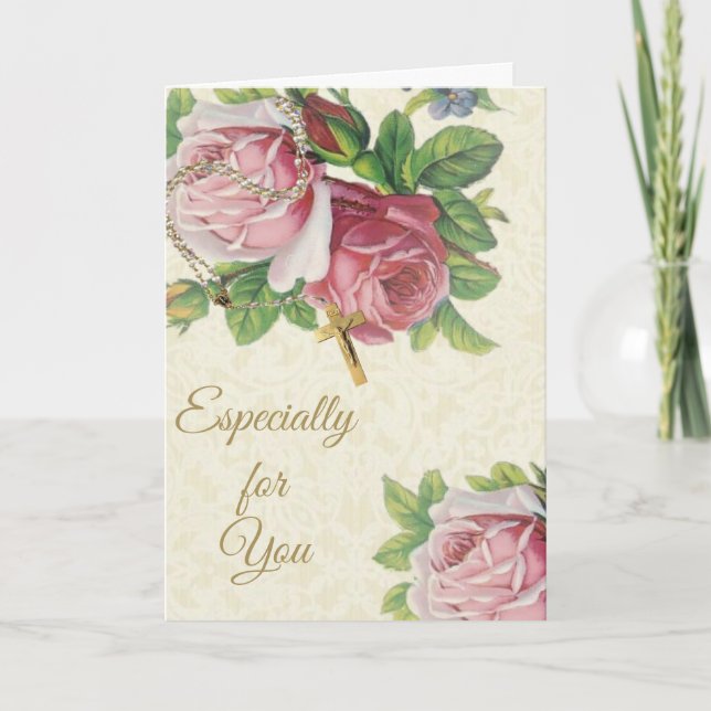 Carte Saint Rosaire avec dentelle Crucifix Rose (Devant)