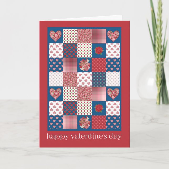 Carte Saint-Valentin, Coeurs, Roses, Faux-patchwor (Devant)