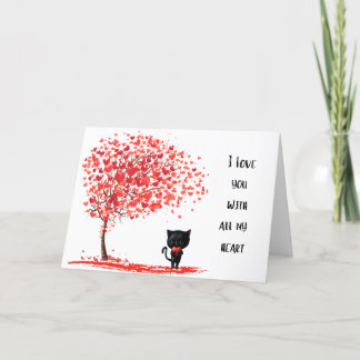 Carte Saint Valentin de chat noir avec les coeurs