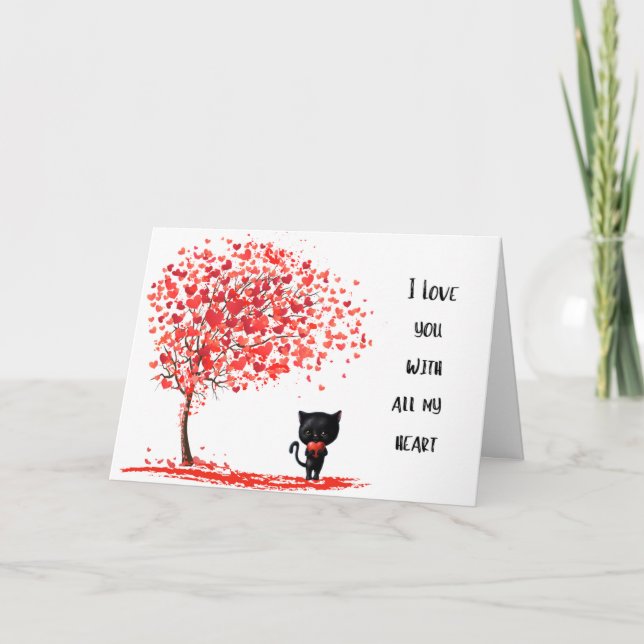 Carte Saint Valentin de chat noir avec les coeurs (Devant)
