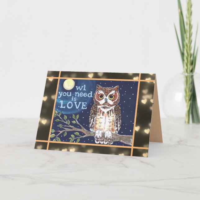 Carte Saint-Valentin de la chouette d'amour bleu sépia l (Devant)