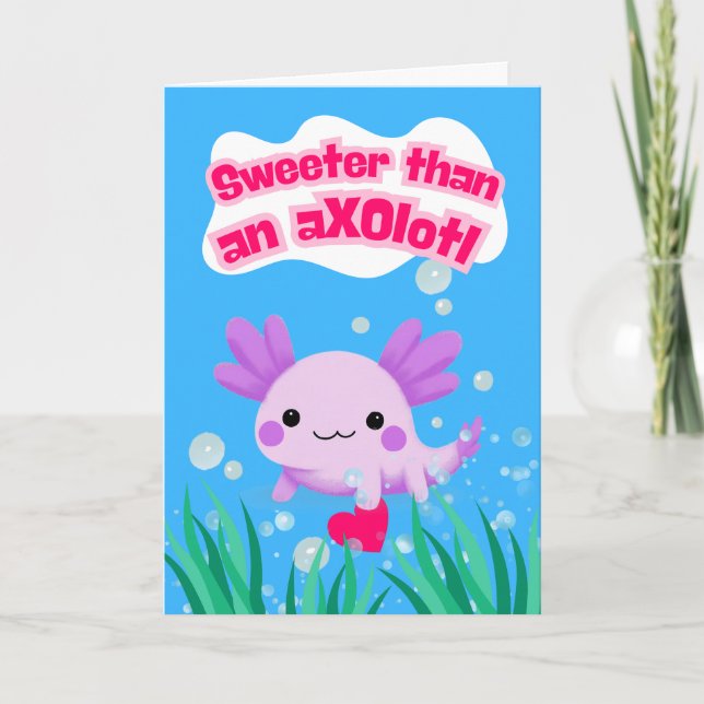 Carte Saint Valentin doux Axolotl avec coeur (Devant)
