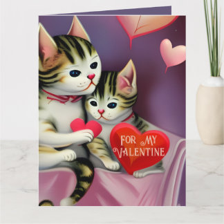 Carte Saint-Valentin Rétro Adorables Chatons et Cœurs