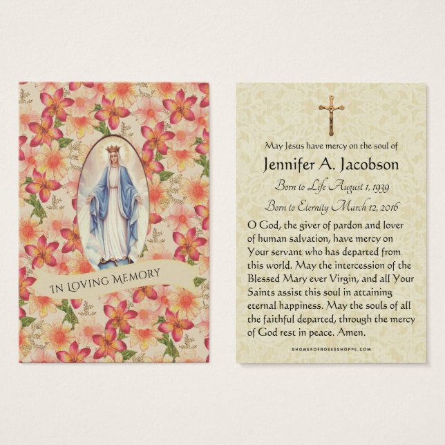 Carte Sainte de la Vierge Marie funéraire (Devant & derrière)