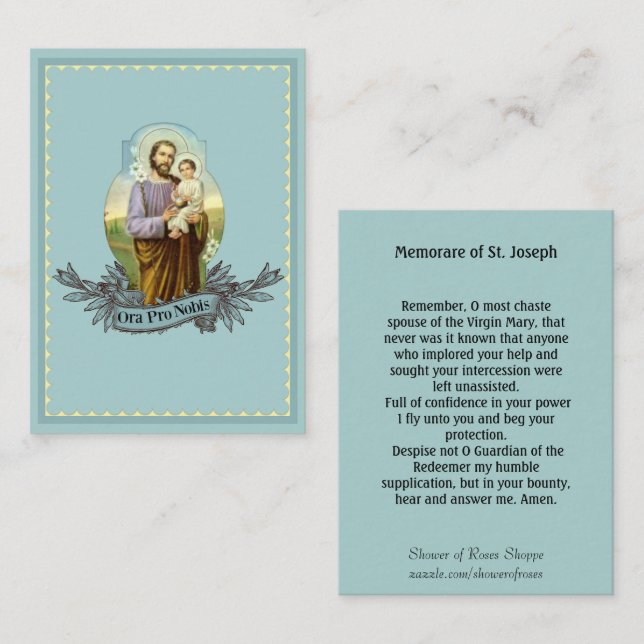 Carte sainte de prière de St Joseph Memorare (Devant / Derrière)