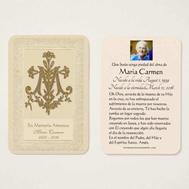 Carte Sainte du mémorial funéraire catholique de M (Devant & derrière)