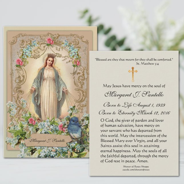 Carte Sainte du Mémorial funéraire catholique Vier (Traditional Catholic Funeral Prayer Card of the Blessed Virgin Mary, Our Lady of Grace)