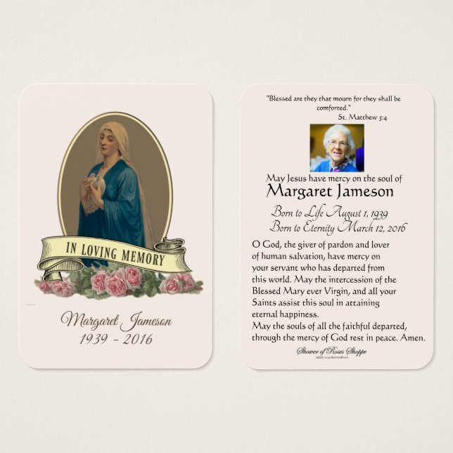 Carte Sainte du Mémorial funéraire catholique Vier (Devant & derrière)
