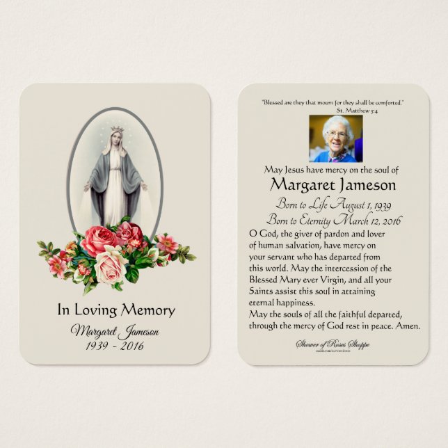Carte Sainte Vierge Marie Florale Funéral - (Devant & derrière)