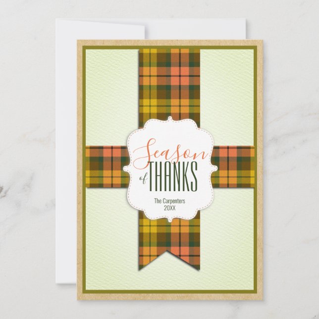 Carte Saison de Merci Fall Tartan Ribbon Thanksgiving (Devant)
