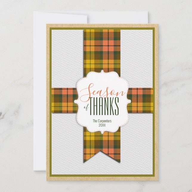 Carte Saison de Merci Fall Tartan Ribbon Thanksgiving (Devant)