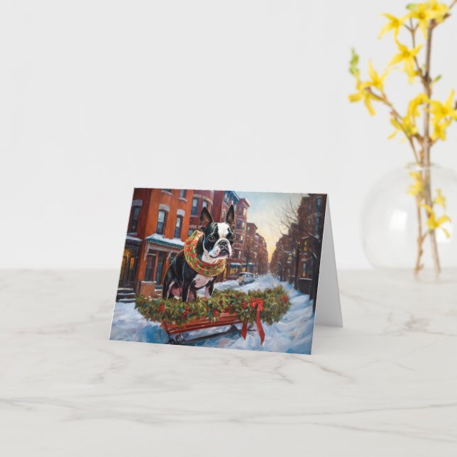 Carte Saison de Noël de Boston Terrier (Fleur jaune)
