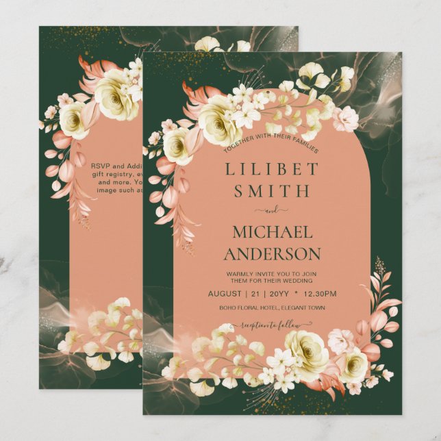 Carte Saison d'émeraude Coral Green Floral Mariage (Devant / Derrière)