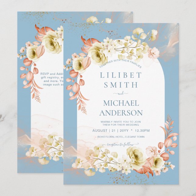 Carte Saisons Dusty Blue Coral Floral Mix Mariage (Devant / Derrière)
